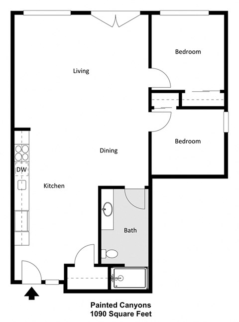 Floor plan for 2 beds, 1 bath, 1090 sqft